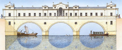 Stephen Conlin: Pulteney Bridge, Bath (a reconstruction showing the building as originally intended by Robert Adam - SC), 2004, ink and watercolour, 55 x 30 cm; courtesy the artist
